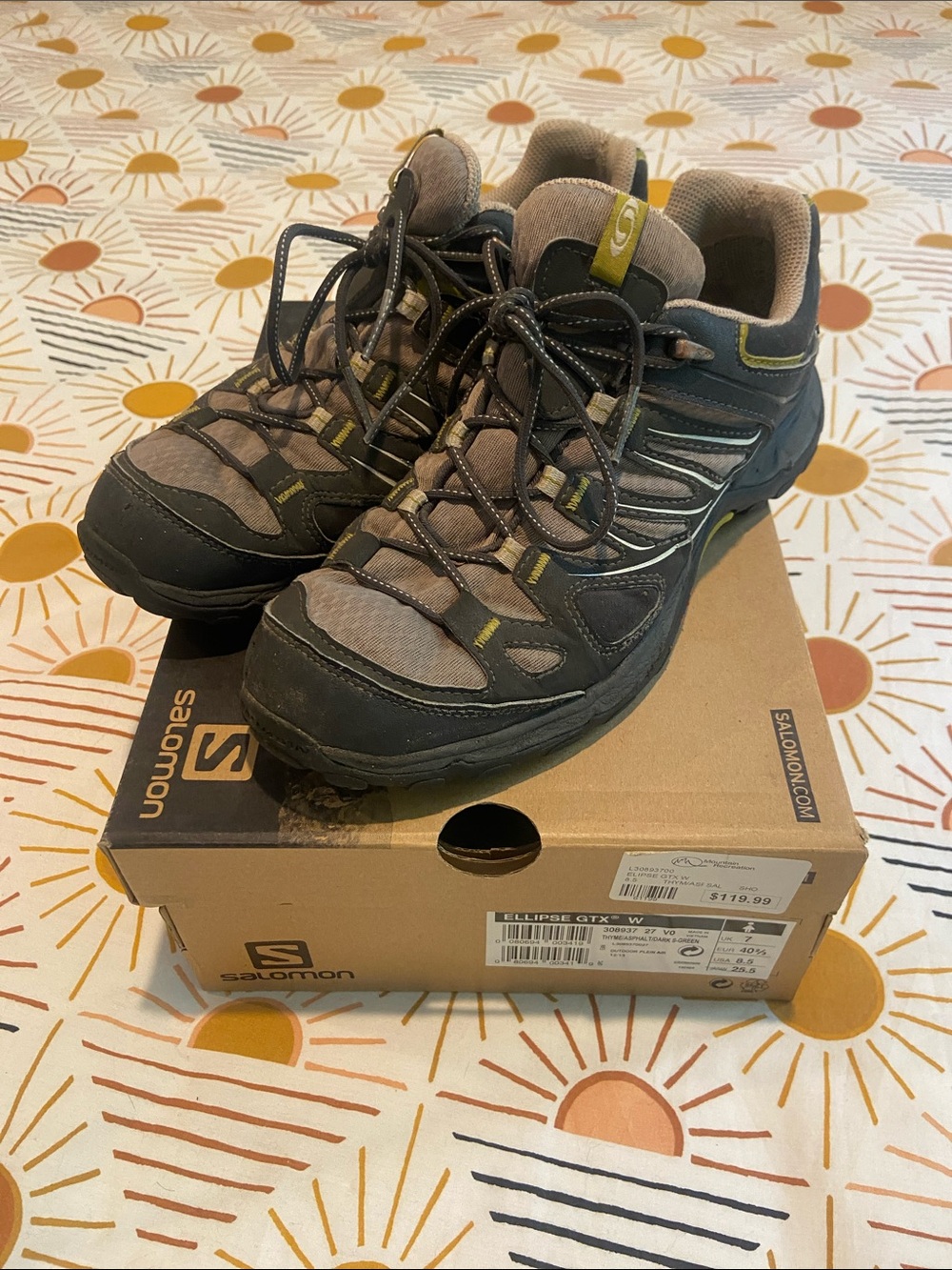 Salomon womans Grey Hiking/Trail Athletic Shoes with Chartreuse Accents